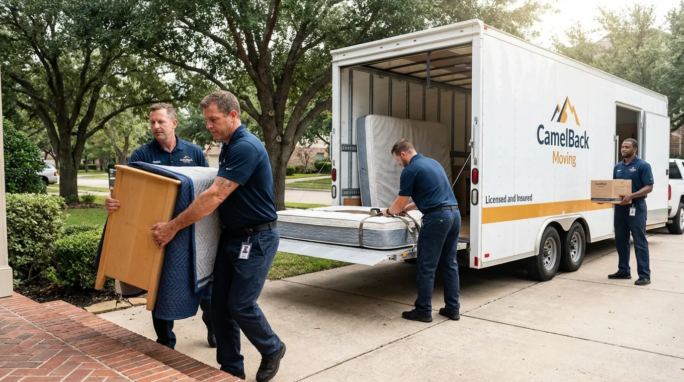 Crew loading residential truck for cross-state move from Port Isabel, TX