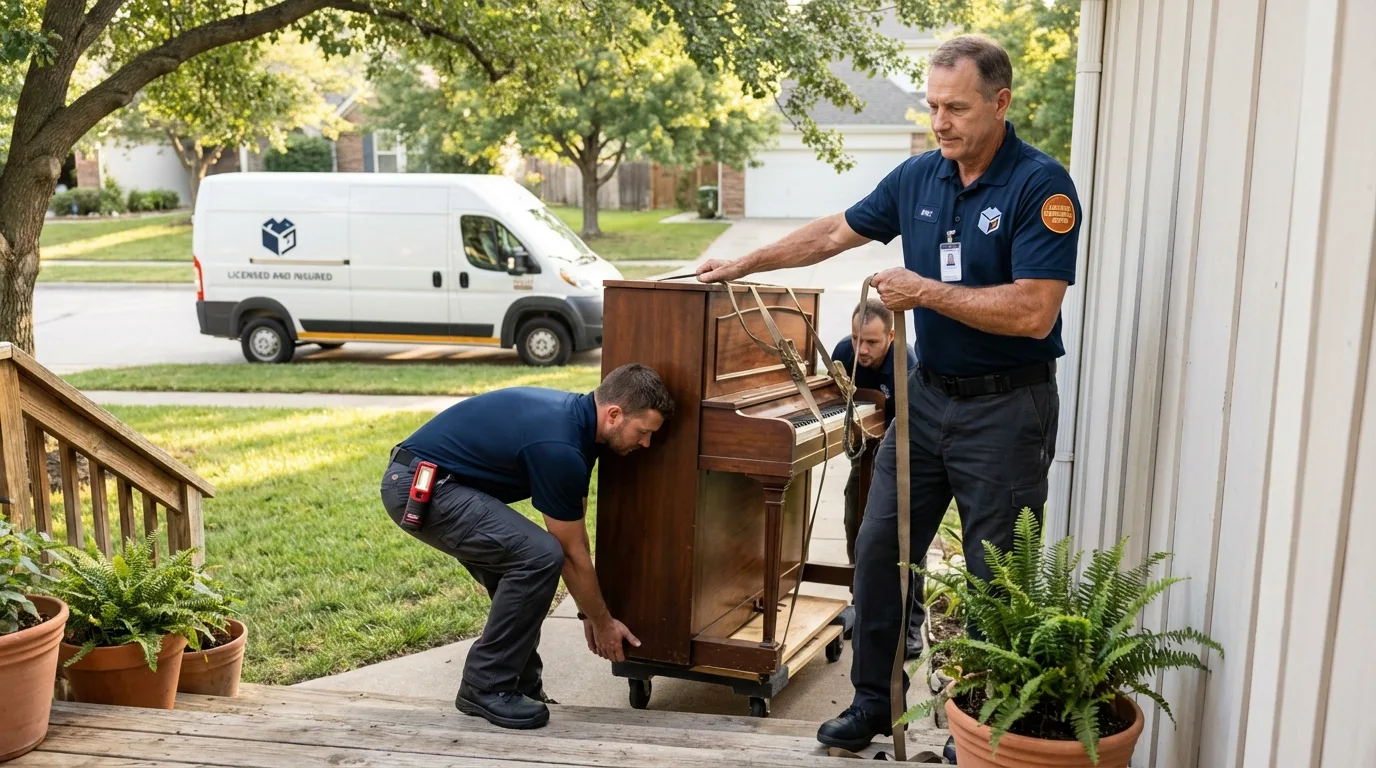 Licensed piano movers securing grand piano in Port Isabel, TX