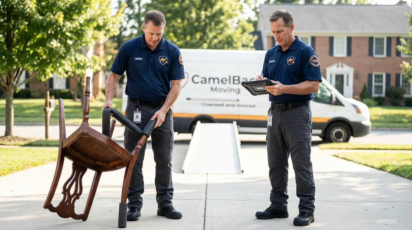 Movers inspecting furniture for damage prevention before loading in Port Isabel, TX