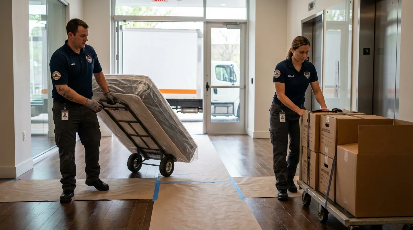 Professional apartment movers loading elevator in Port Isabel, TX